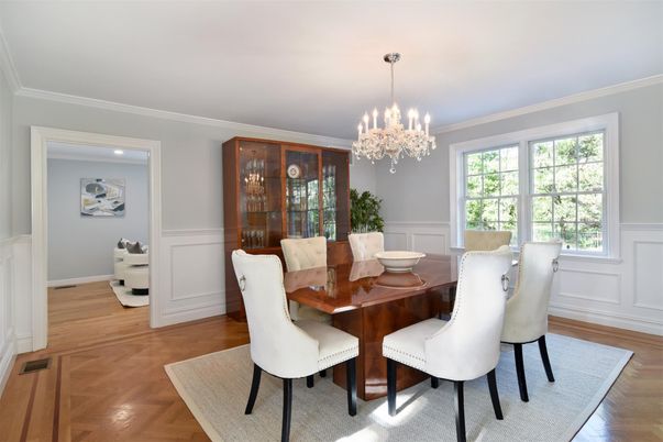 Chandelier, Dining room, Interior, Wood Texture Flooring