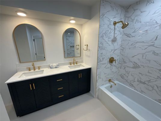 Bathroom, Dual Sink Vanities, Interior, Marble Walls, Recessed Lighting