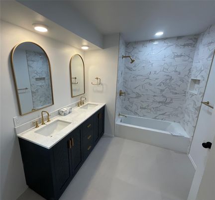 Bathroom, Dual Sink Vanities, Interior, Marble Walls, Recessed Lighting