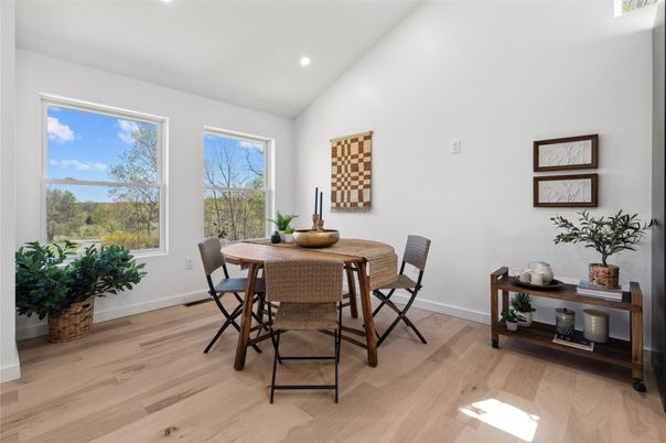 Dining room, Interior, Recessed Lighting, Wood Texture Flooring