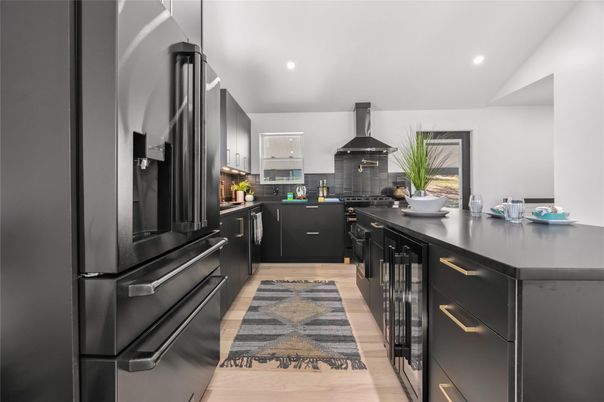 Interior, Kitchen, Recessed Lighting, Stainless Steel Appliances, Wood Texture Flooring