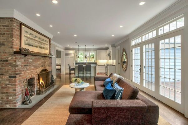 Fireplace, Interior, Kitchen, Living room, Pendant Lights, Recessed Lighting, Stone Walls, Wood Texture Flooring