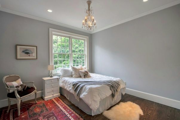Bedroom, Chandelier, Interior, Recessed Lighting, Wood Texture Flooring