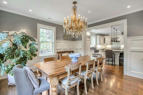Chandelier, Dining room, Interior, Kitchen, Recessed Lighting, Wood Texture Flooring