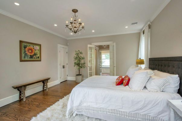 Bedroom, Chandelier, Interior, Recessed Lighting, Wood Texture Flooring