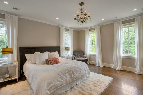 Bedroom, Chandelier, Interior, Recessed Lighting, Wood Texture Flooring