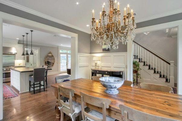 Chandelier, Dining room, Interior, Kitchen, Pendant Lights, Recessed Lighting, Stainless Steel Appliances, Wood Texture Flooring