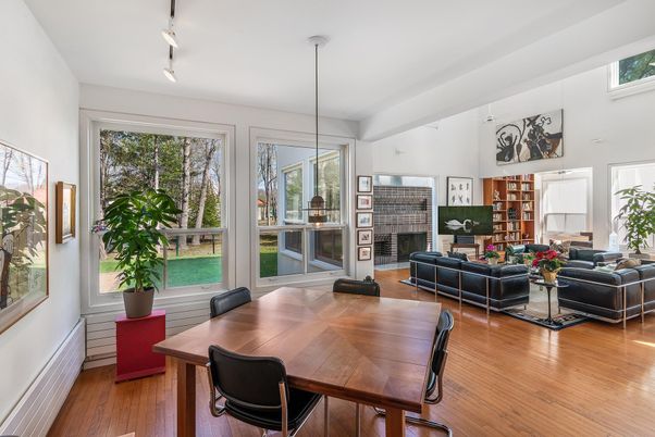Dining room, Fireplace, Interior, Living room, Pendant Lights, Wood Texture Flooring