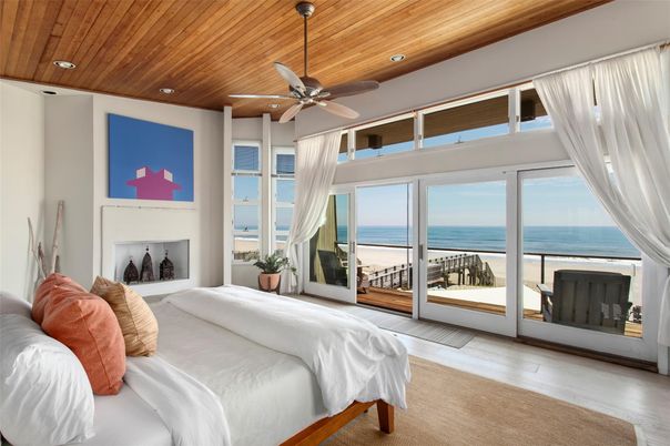 Bedroom, Fireplace, Interior, Recessed Lighting, Water, Wooden Ceilings, Wood Texture Flooring
