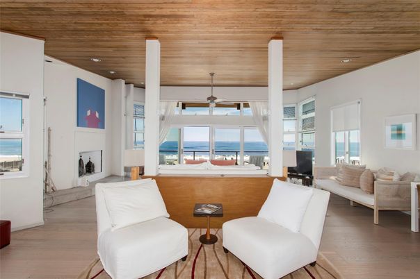Fireplace, Interior, Living room, Recessed Lighting, Water, Wooden Ceilings, Wood Texture Flooring