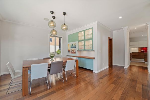 Dining room, Interior, Pendant Lights, Recessed Lighting, Wood Texture Flooring