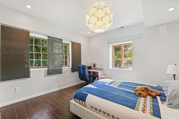 Bedroom, Home Office, Interior, Pendant Lights, Recessed Lighting, Wood Texture Flooring