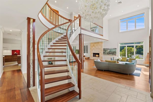 Chandelier, Fireplace, Interior, Living room, Recessed Lighting, Wood Texture Flooring