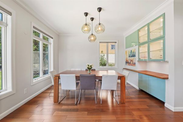 Dining room, Interior, Pendant Lights, Wood Texture Flooring