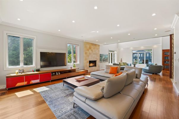 Fireplace, Interior, Living room, Recessed Lighting, Stone Walls, Wood Texture Flooring