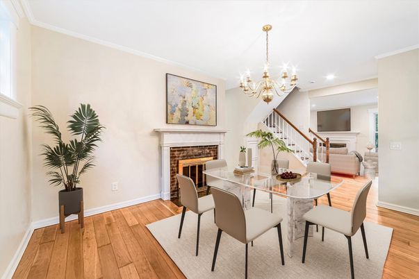 Chandelier, Dining room, Fireplace, Interior, Recessed Lighting, Wood Texture Flooring