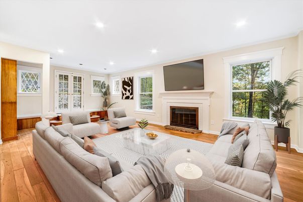 Fireplace, Interior, Living room, Recessed Lighting, Wood Texture Flooring