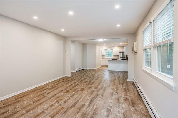 Empty room, Interior, Kitchen, Recessed Lighting, Wood Texture Flooring