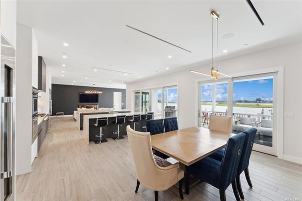 Dining room, Interior, Kitchen, Pendant Lights, Recessed Lighting, Water, Wood Texture Flooring