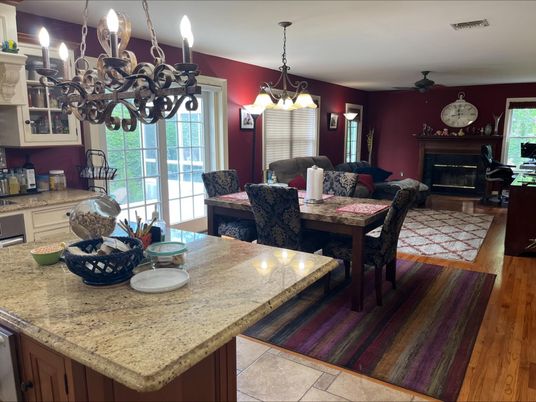 Chandelier, Dining room, Fireplace, Interior, Pendant Lights, Wood Texture Flooring