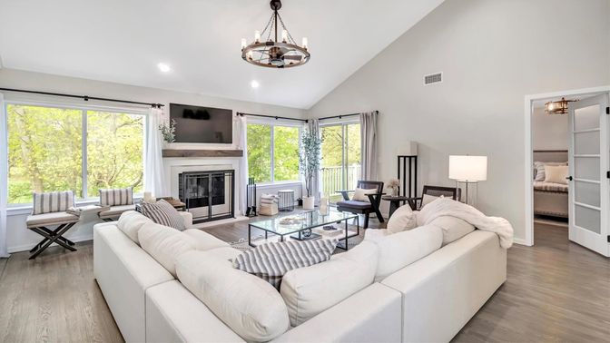 Chandelier, Fireplace, Interior, Living room, Recessed Lighting, Wood Texture Flooring