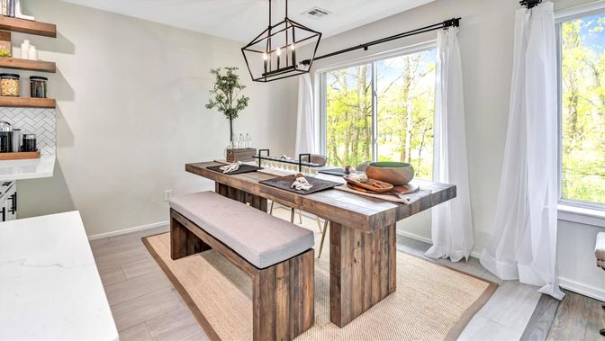 Dining room, Interior, Pendant Lights, Wood Texture Flooring