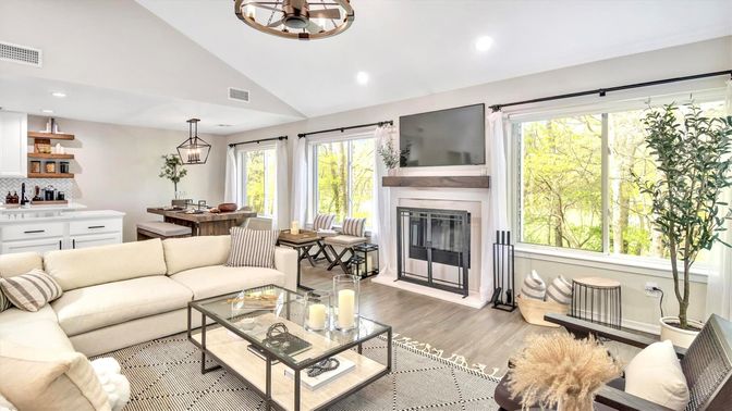 Dining room, Fireplace, Interior, Kitchen, Living room, Pendant Lights, Recessed Lighting, Wood Texture Flooring