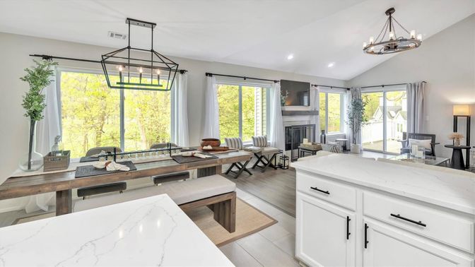 Dining room, Fireplace, Interior, Living room, Pendant Lights, Recessed Lighting, Wood Texture Flooring