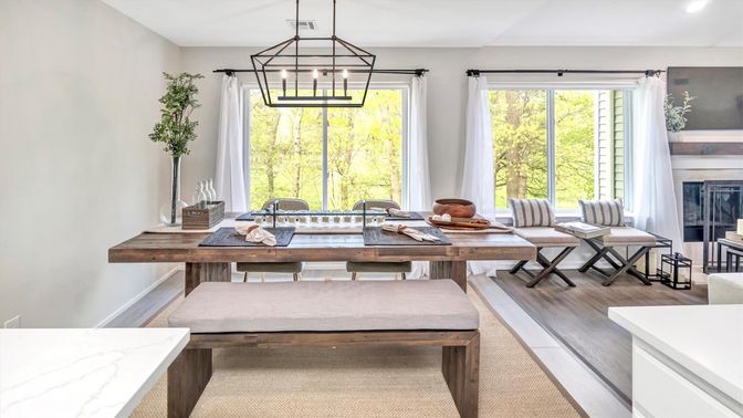 Dining room, Fireplace, Interior, Pendant Lights, Recessed Lighting, Wood Texture Flooring