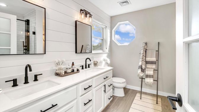 Bathroom, Dual Sink Vanities, Interior, Wood Texture Flooring