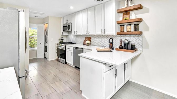 Interior, Kitchen, Recessed Lighting, Stainless Steel Appliances, Wood Texture Flooring