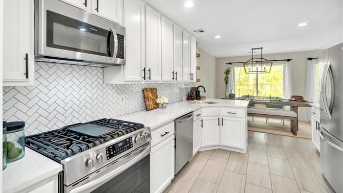 Dining room, Interior, Kitchen, Pendant Lights, Recessed Lighting, Stainless Steel Appliances, Wood Texture Flooring