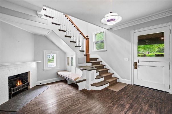 Fireplace, Interior, Pendant Lights, Wood Texture Flooring
