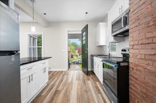 Interior, Kitchen, Pendant Lights, Stone Walls, Wood Texture Flooring