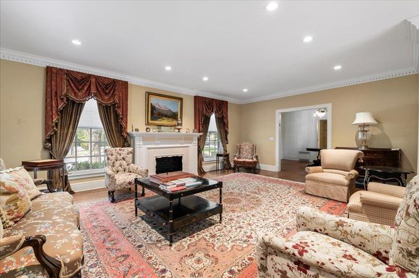 Fireplace, Interior, Living room, Piano, Recessed Lighting, Wood Texture Flooring