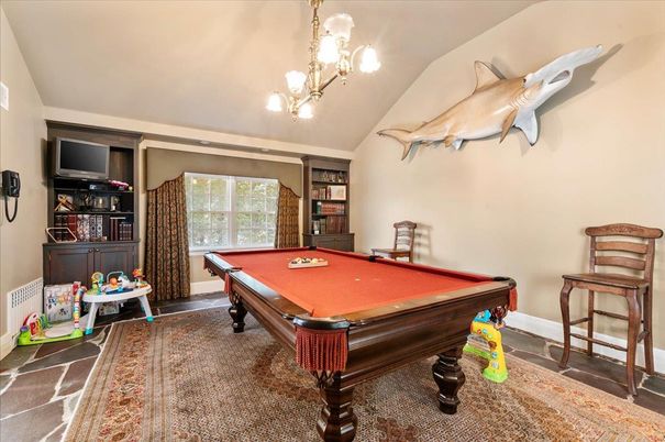 Billiard Table, Chandelier, Game Room, Interior, Wood Texture Flooring