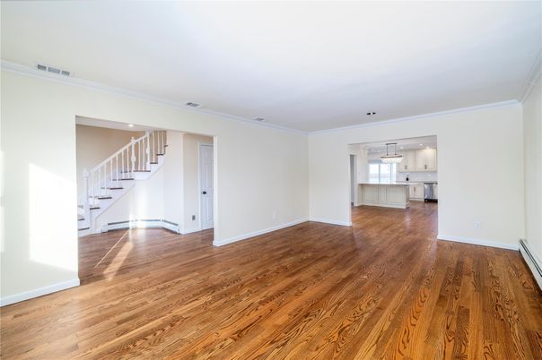 Empty room, Interior, Kitchen, Pendant Lights, Recessed Lighting, Wood Texture Flooring