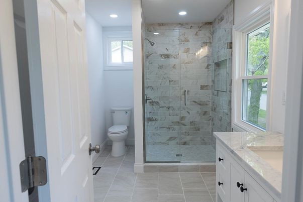 Bathroom, Glass Shower, Interior, Marble Walls, Recessed Lighting
