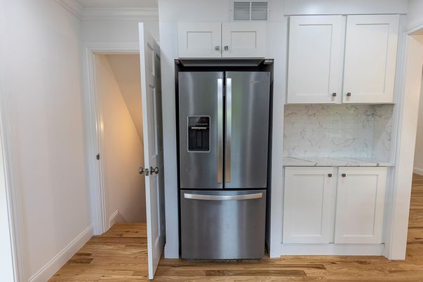 Interior, Kitchen, Marble Walls, Stainless Steel Appliances, Wood Texture Flooring