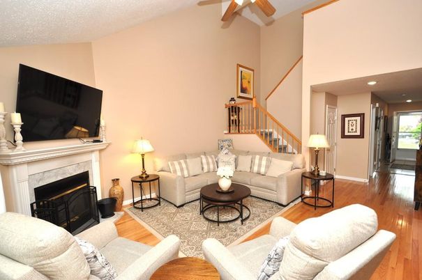 Fireplace, Interior, Living room, Recessed Lighting, Wood Texture Flooring