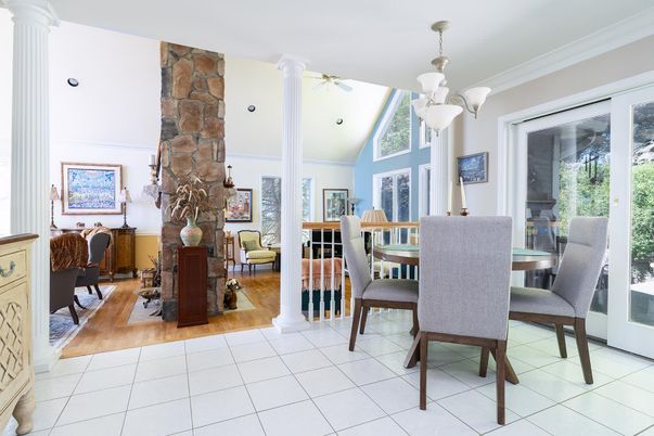Dining room, Interior, Stone Walls, Wood Texture Flooring
