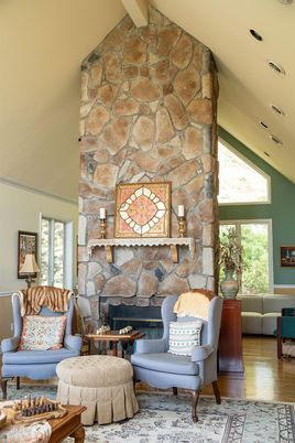 Fireplace, Interior, Living room, Stone Walls, Wood Texture Flooring