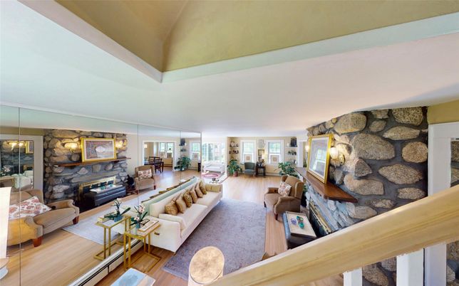 Fireplace, Interior, Living room, Pendant Lights, Stone Walls, Wood Texture Flooring