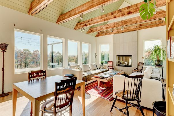 Dining room, Fireplace, Interior, Living room, Wooden Beams, Wood Texture Flooring