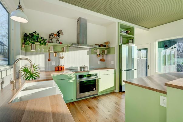 Interior, Kitchen, Pendant Lights, Stainless Steel Appliances, Wood Texture Flooring