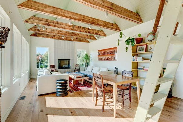 Dining room, Fireplace, Interior, Living room, Wooden Beams, Wood Texture Flooring