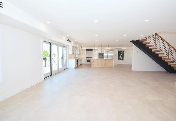 Empty room, Interior, Kitchen, Pendant Lights, Recessed Lighting, Stainless Steel Appliances