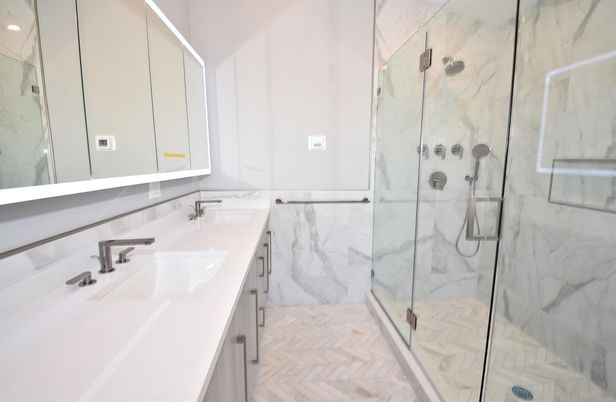 Bathroom, Dual Sink Vanities, Glass Shower, Interior, Marble, Marble Walls