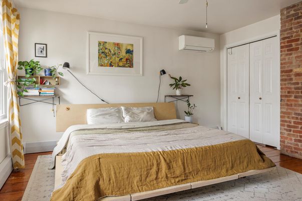 Bedroom, Interior, Stone Walls, Wood Texture Flooring
