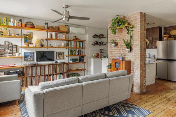 Interior, Living room, Stone Walls, Wood Texture Flooring
